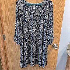 DD Boutique Blue Scroll Patterned Dress w/ Long Ruffle Sleeves